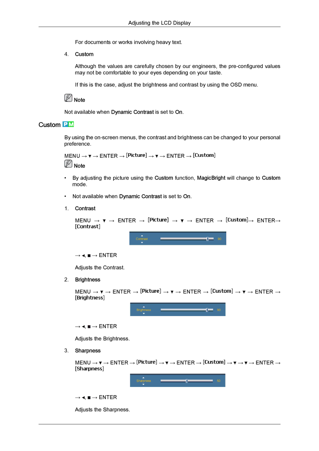 Samsung LH65MGQLBF/EN, LH65MGQLBF/NG, LH65MGQLBF/XY, LH65MGBPLBH/NG manual Custom, Contrast, Brightness, Sharpness 