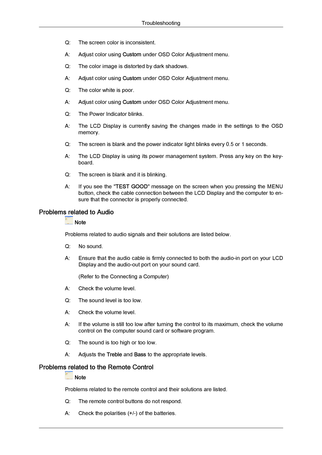 Samsung LH65MGBPLBH/NG, LH65MGQLBF/EN, LH65MGQLBF/NG manual Problems related to Audio, Problems related to the Remote Control 