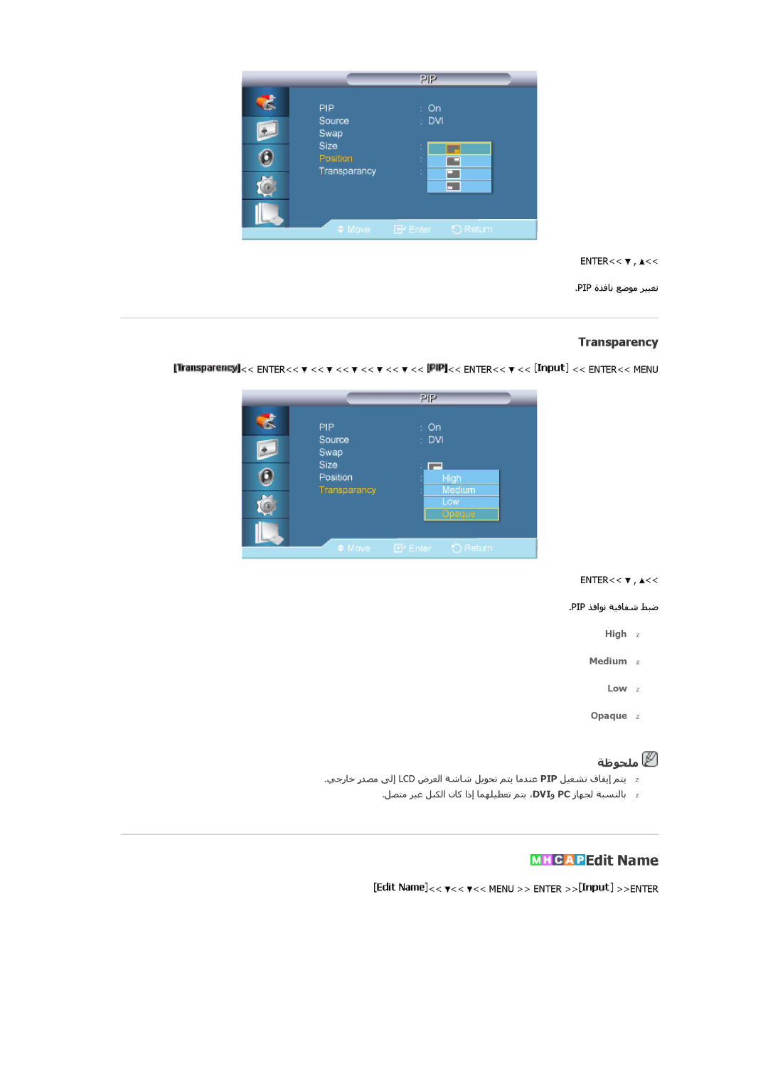 Samsung LH65MGQLBF/NG, LH65MGQLBF/EN, LH65MGQLBF/XY, LH65MGBPLBH/NG manual Edit Name, Transparency 