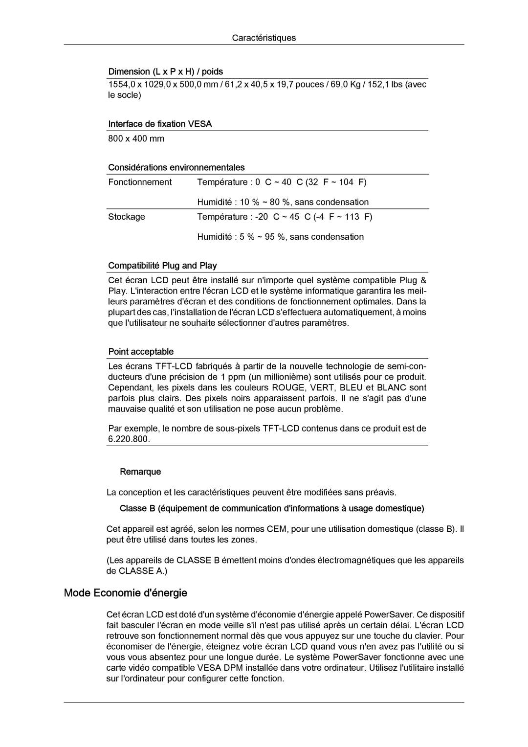 Samsung LH65MGQLBF/EN manual Mode Economie dénergie, Interface de fixation Vesa, Considérations environnementales 