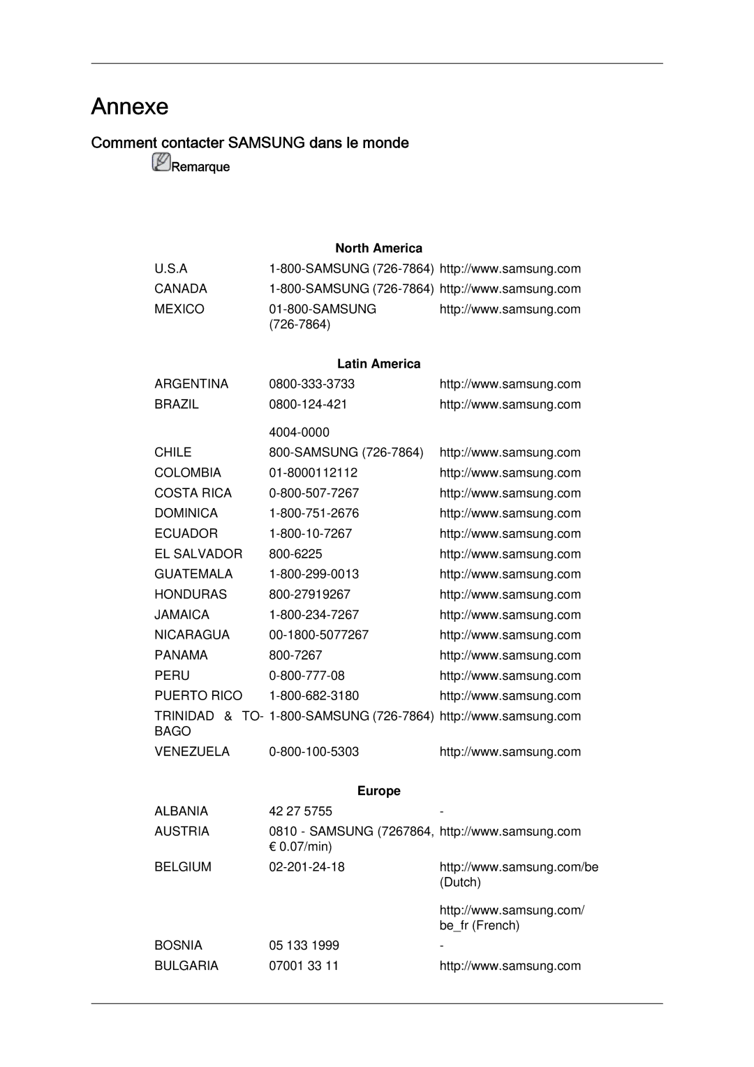 Samsung LH65MGQLBF/EN manual Comment contacter Samsung dans le monde, Remarque North America, Latin America, Europe 