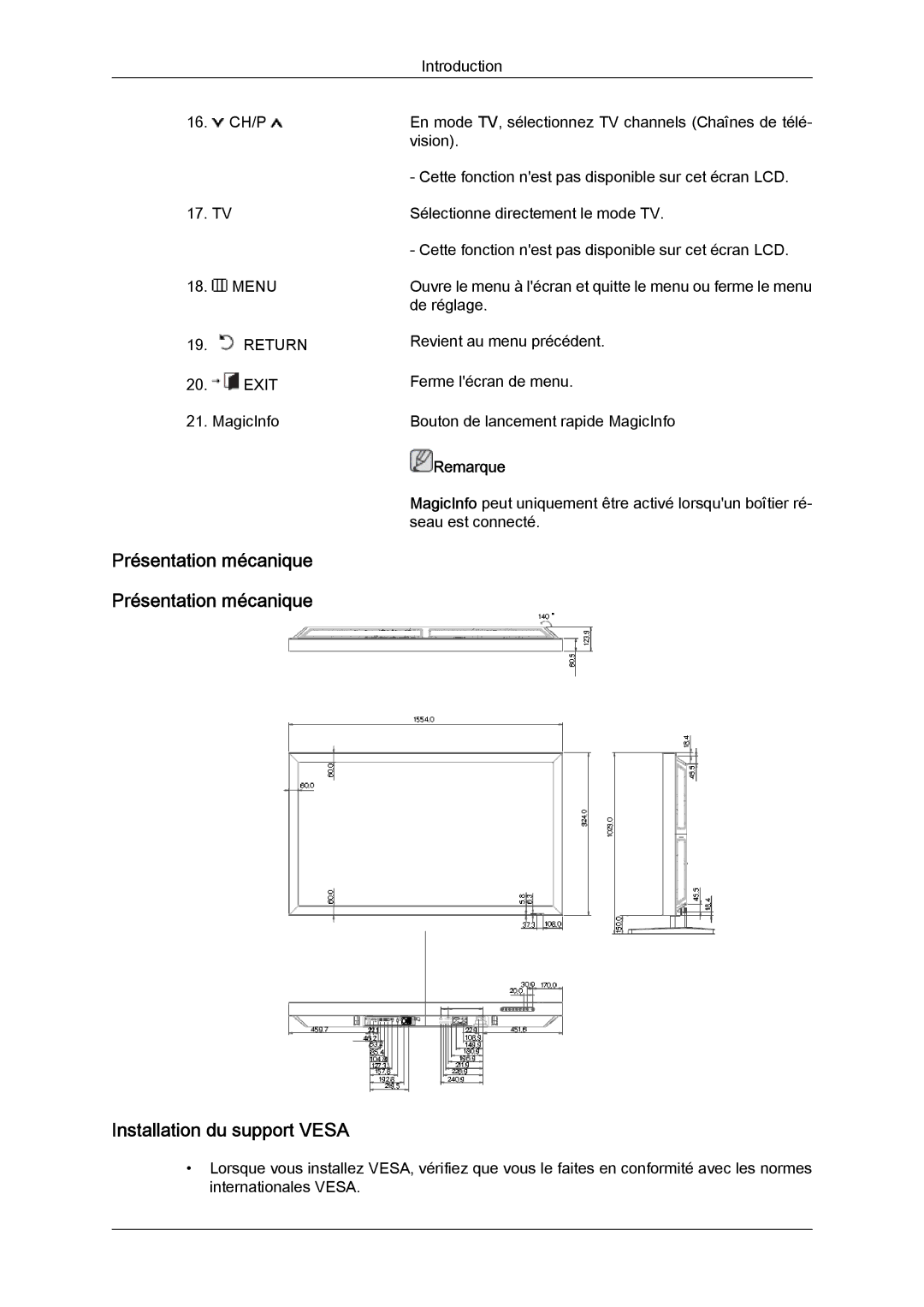 Samsung LH65MGQLBF/EN manual Installation du support Vesa, Présentation mécanique Présentation mécanique 