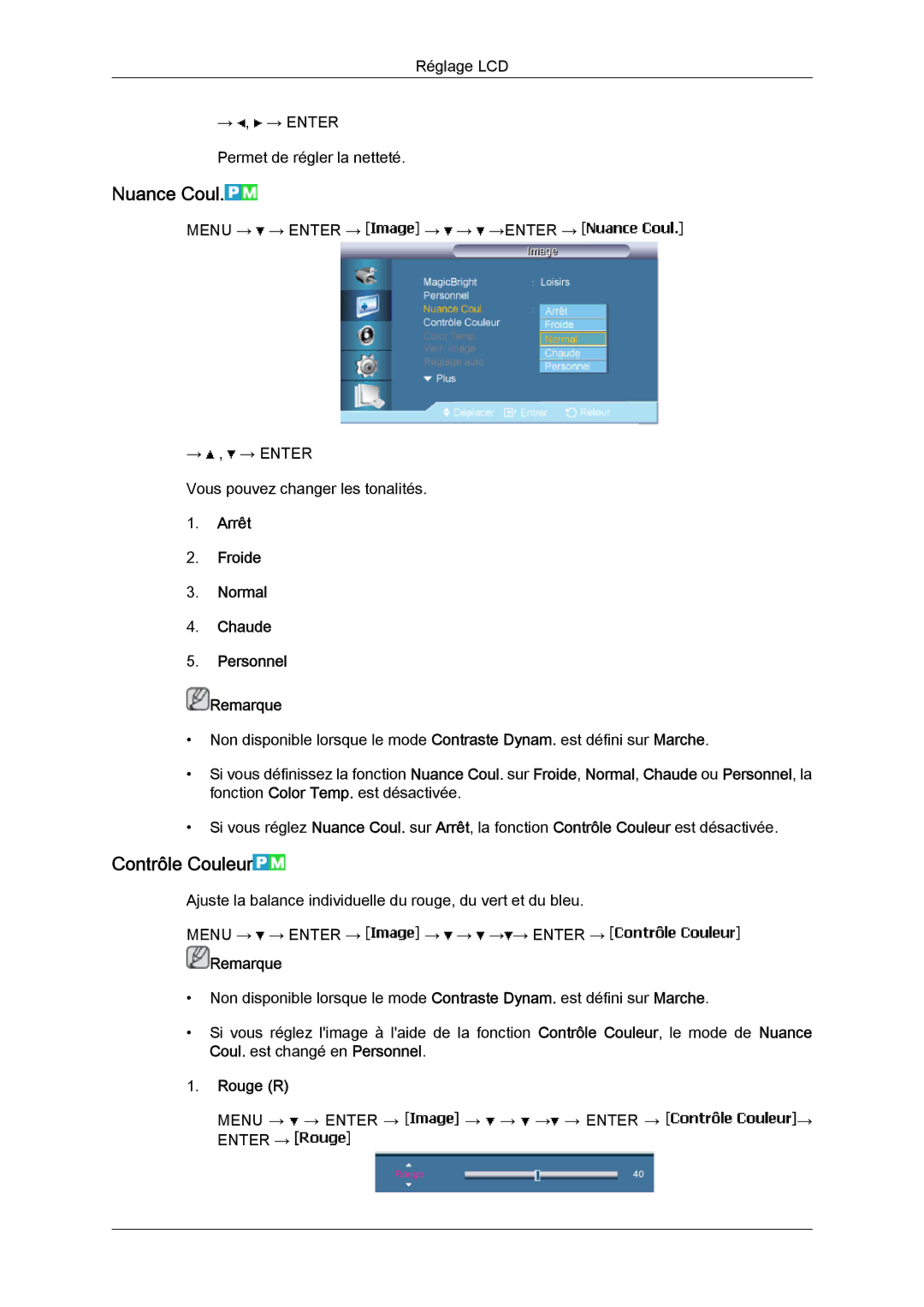 Samsung LH65MGQLBF/EN manual Nuance Coul, Contrôle Couleur, Arrêt Froide Normal Chaude Personnel Remarque, Rouge R 