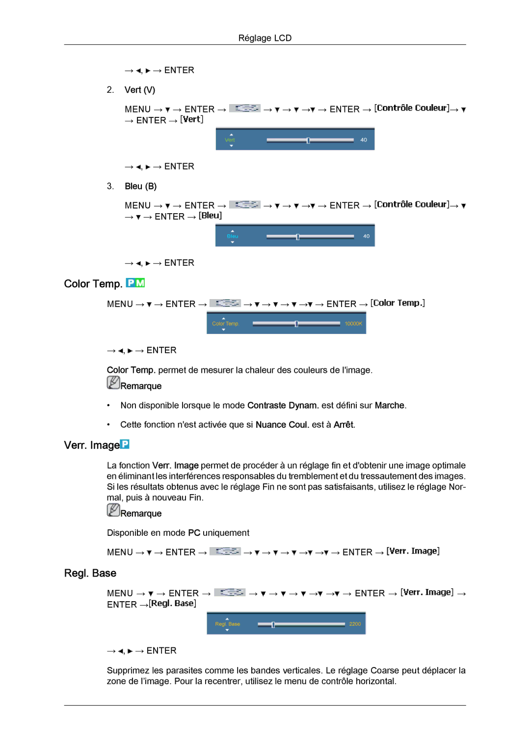 Samsung LH65MGQLBF/EN manual Color Temp, Verr. Image, Regl. Base, Vert, Bleu B 