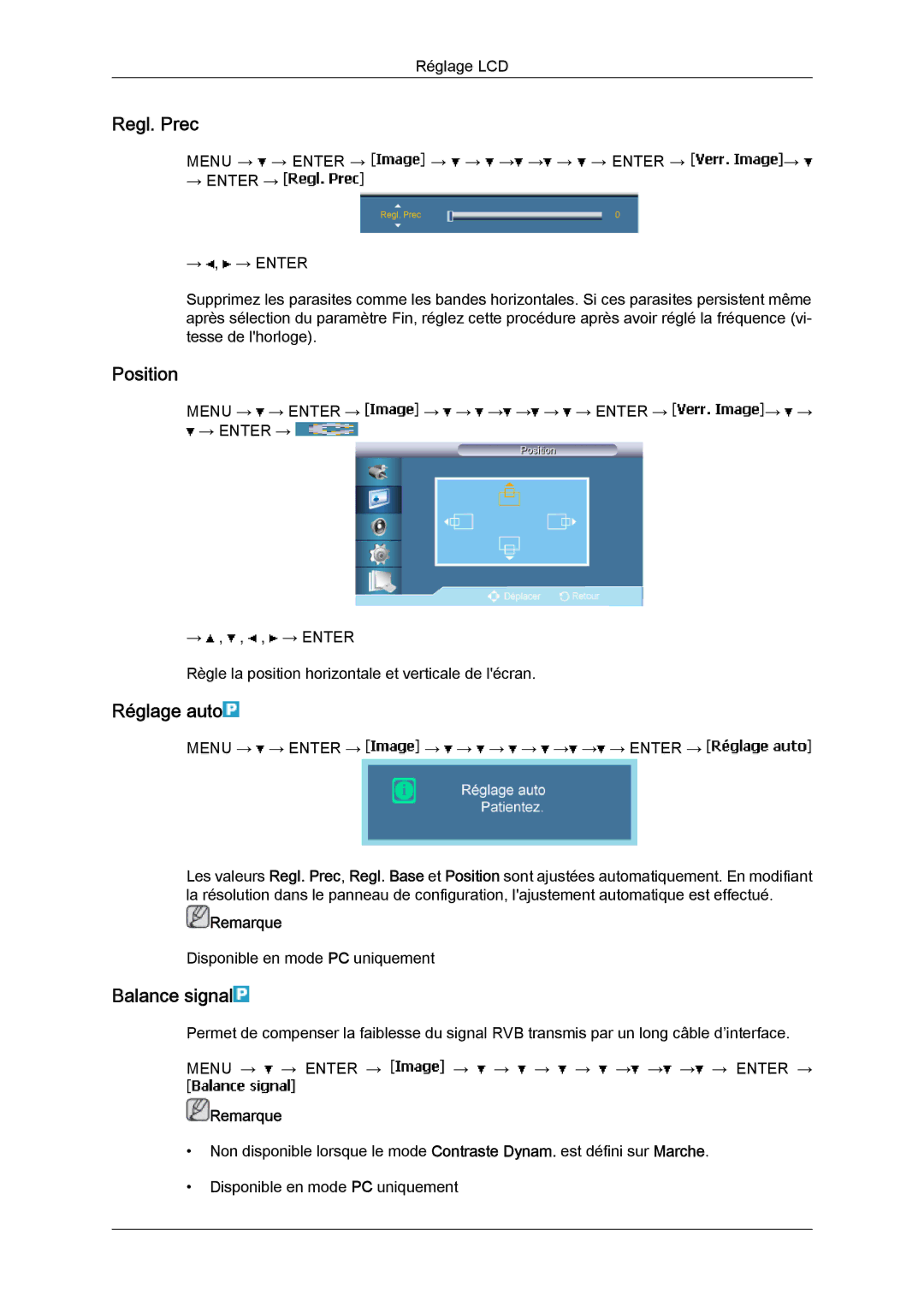 Samsung LH65MGQLBF/EN manual Regl. Prec, Réglage auto, Balance signal 