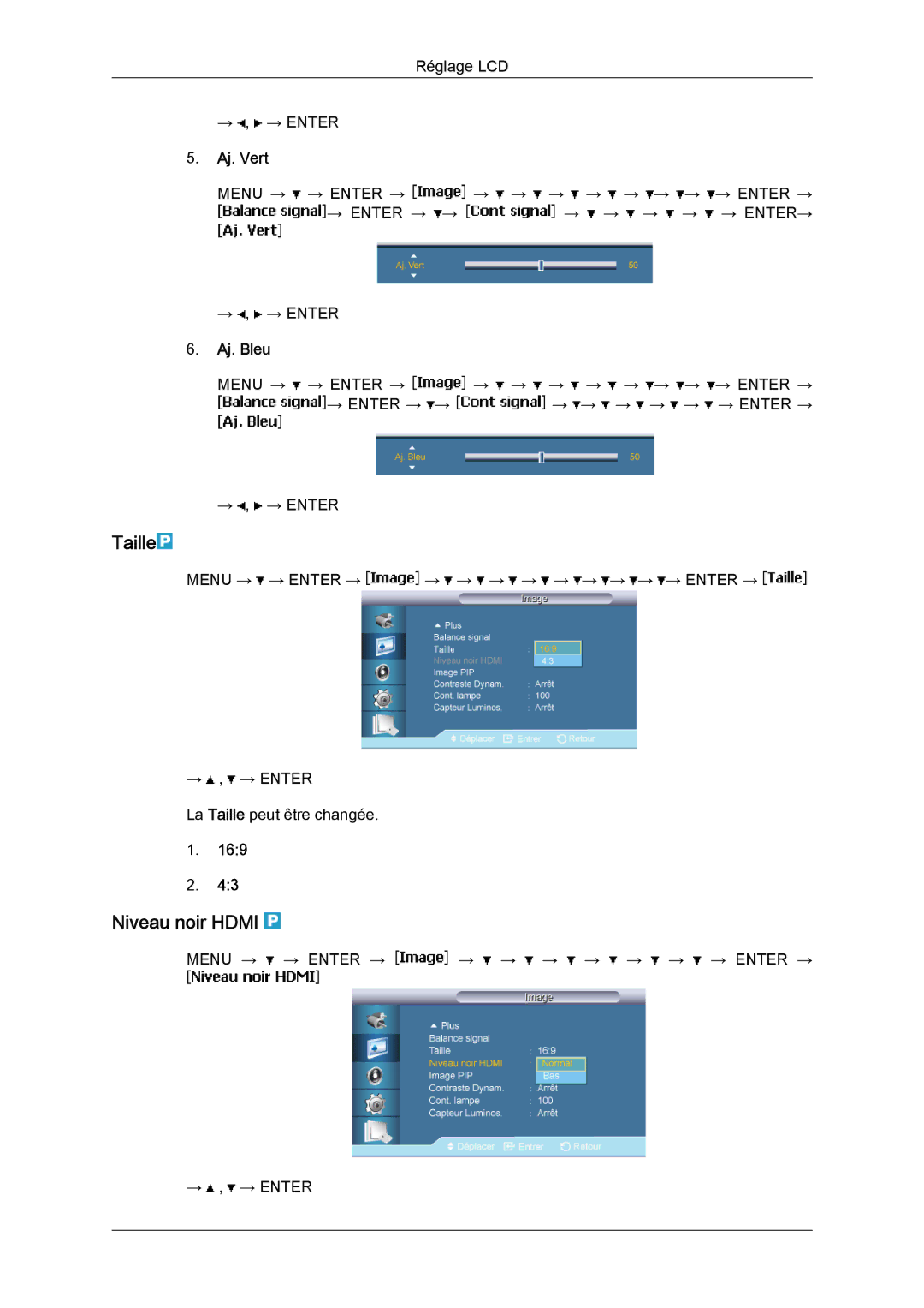 Samsung LH65MGQLBF/EN manual Niveau noir Hdmi, Aj. Vert, Aj. Bleu 