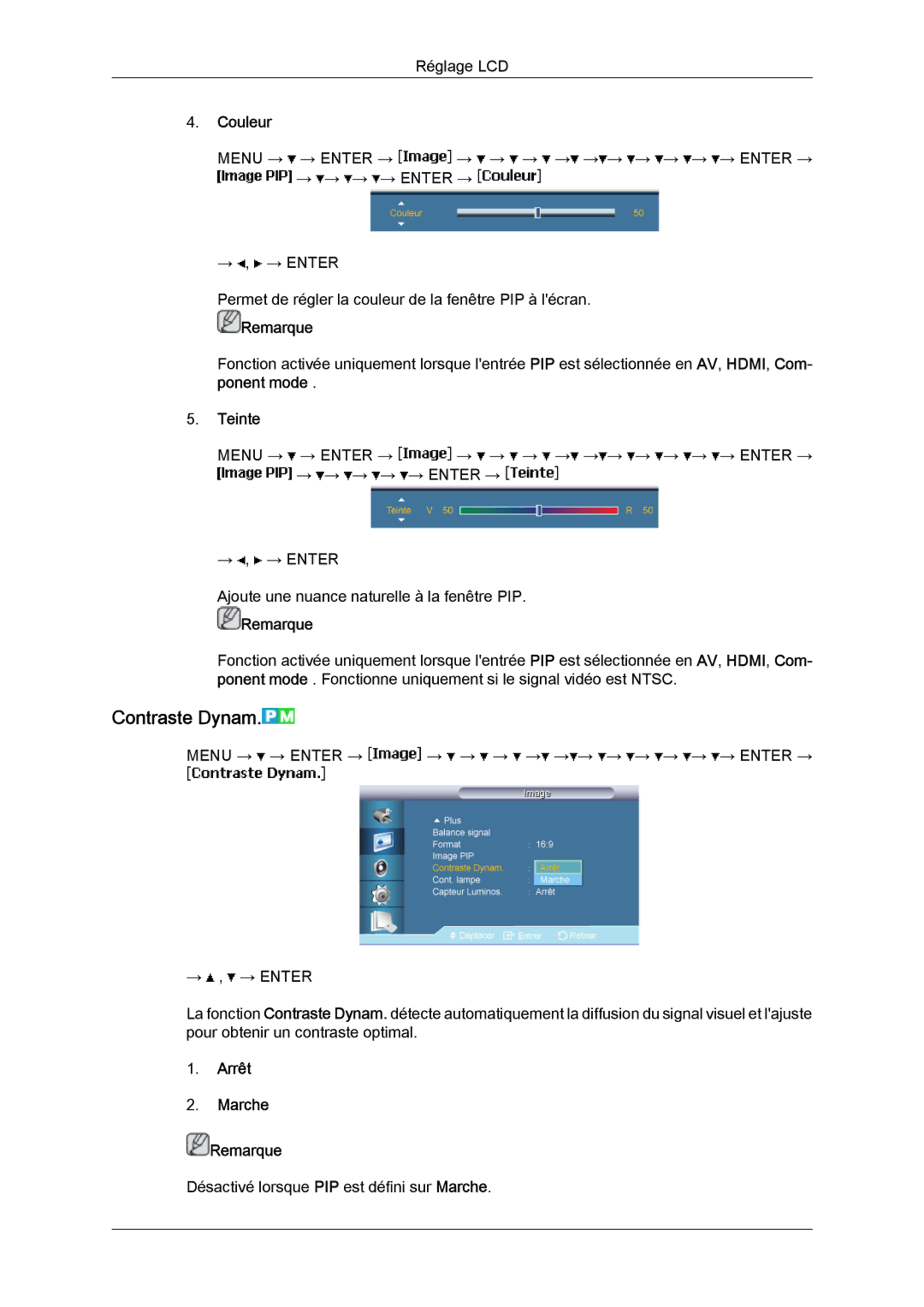 Samsung LH65MGQLBF/EN manual Contraste Dynam, Couleur, Teinte, Arrêt Marche Remarque 