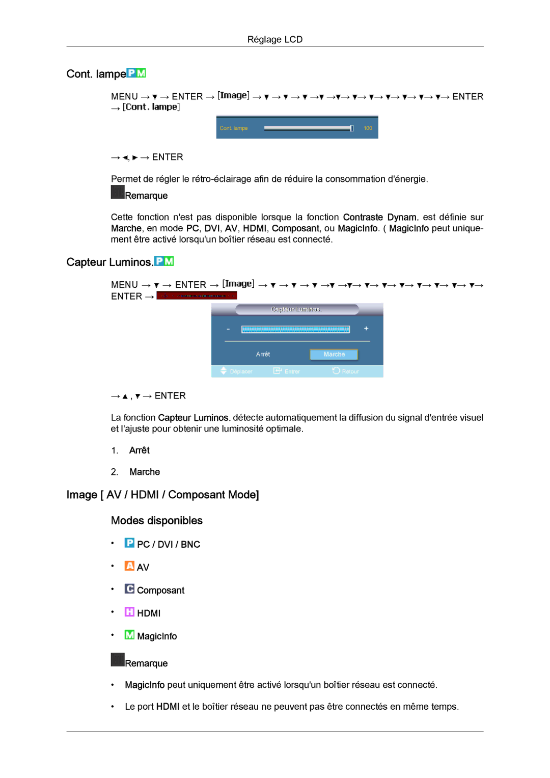 Samsung LH65MGQLBF/EN manual Cont. lampe, Capteur Luminos, Image AV / Hdmi / Composant Mode Modes disponibles 