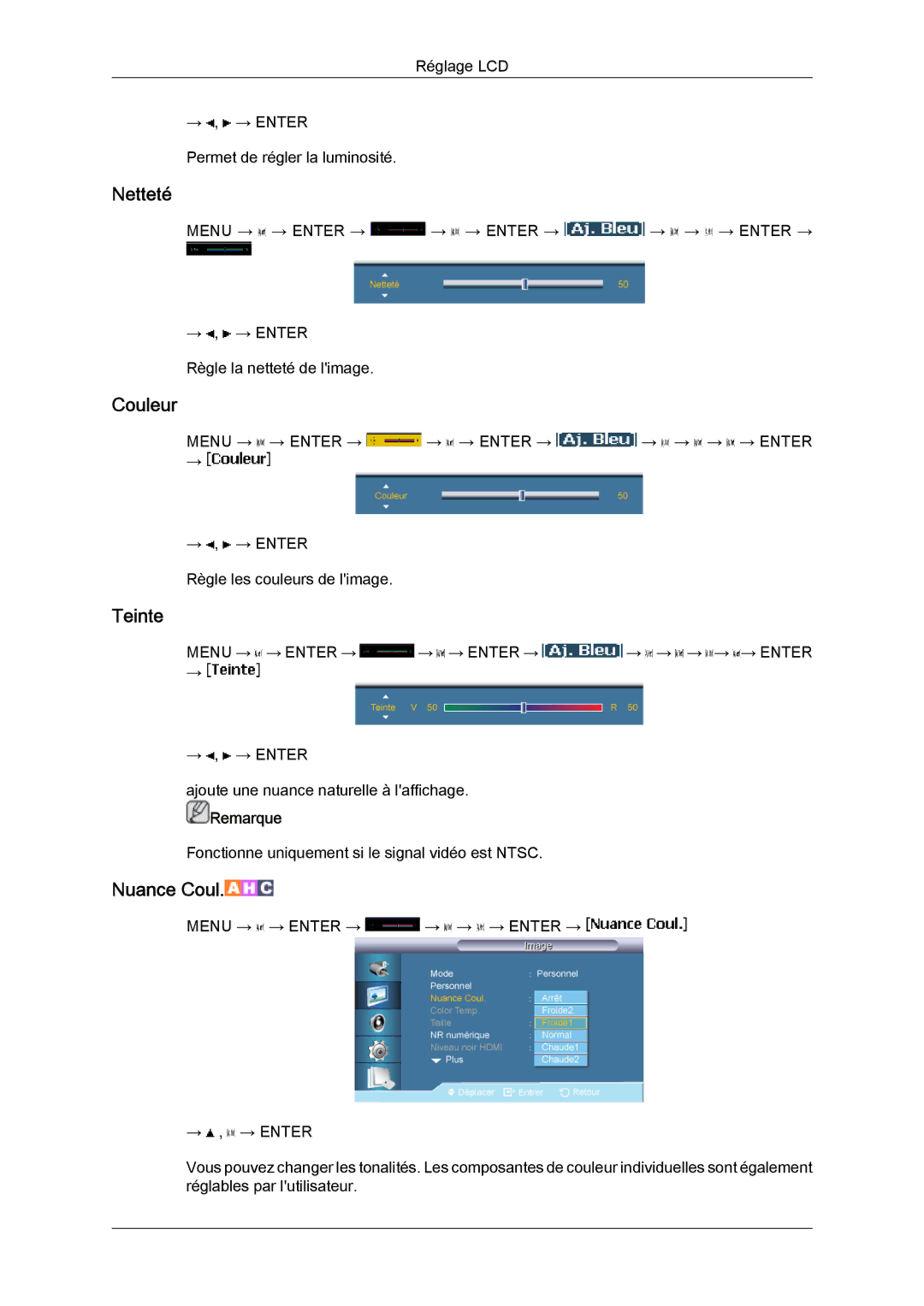 Samsung LH65MGQLBF/EN manual Netteté, Couleur, Teinte 