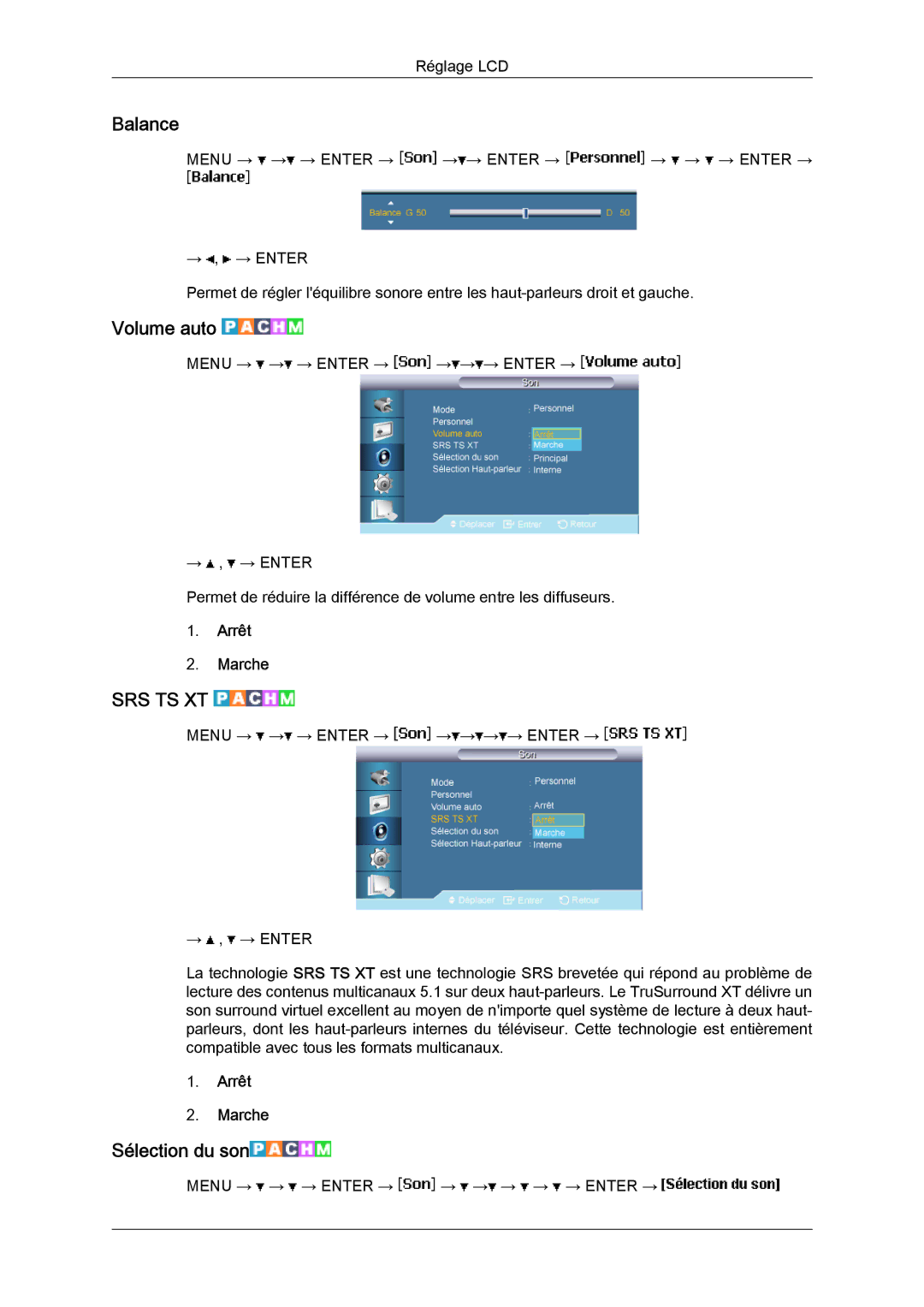 Samsung LH65MGQLBF/EN manual Balance, Volume auto, Sélection du son 