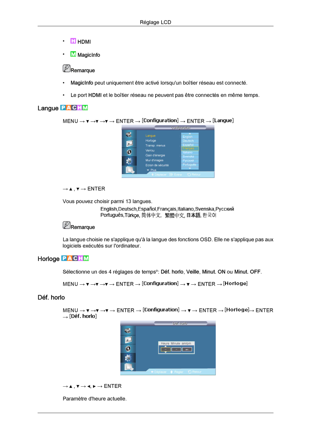 Samsung LH65MGQLBF/EN manual Langue, Horloge, Déf. horlo 