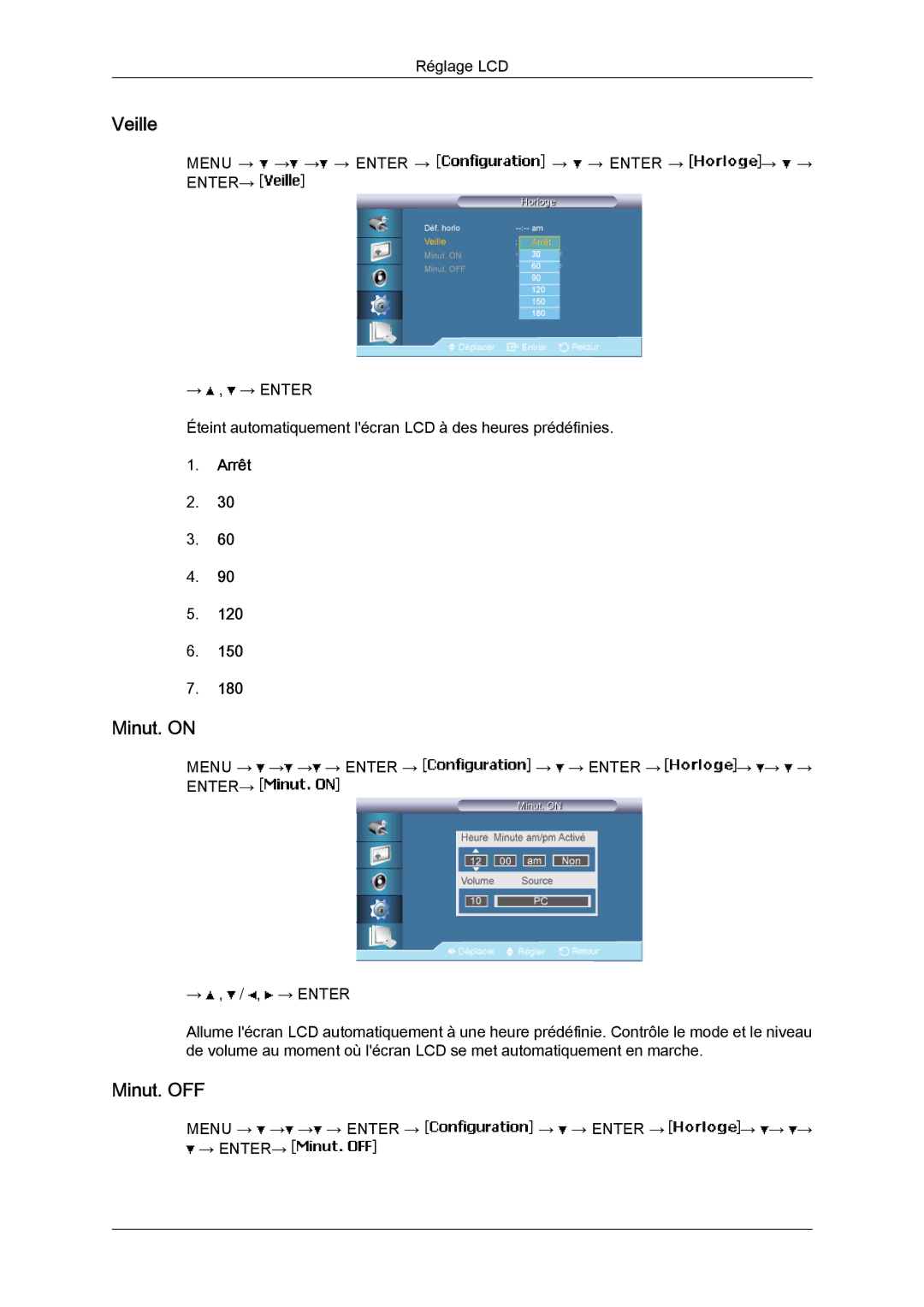 Samsung LH65MGQLBF/EN manual Veille, Minut. on, Minut. OFF, Arrêt 