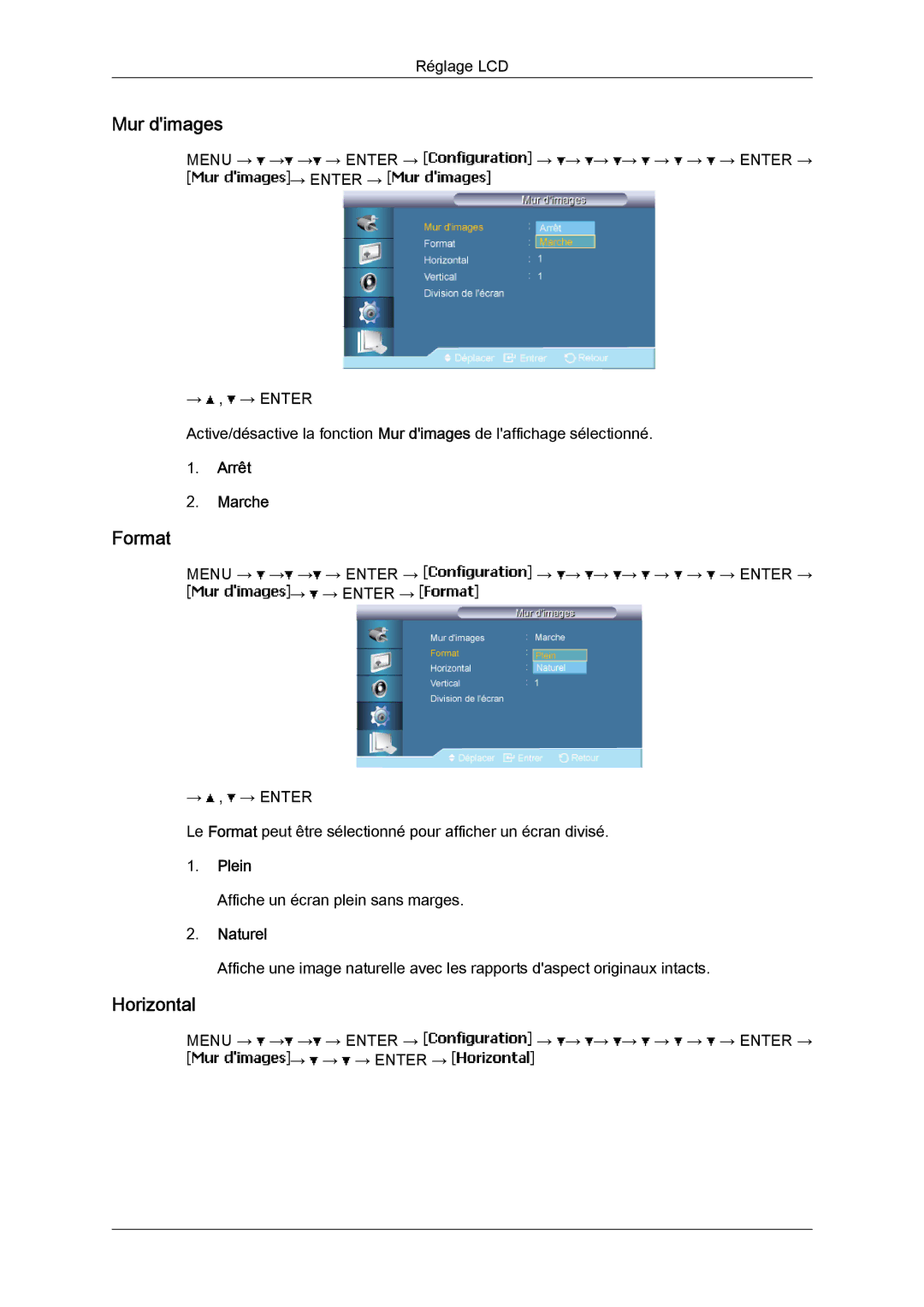 Samsung LH65MGQLBF/EN manual Format, Horizontal, Plein, Naturel 