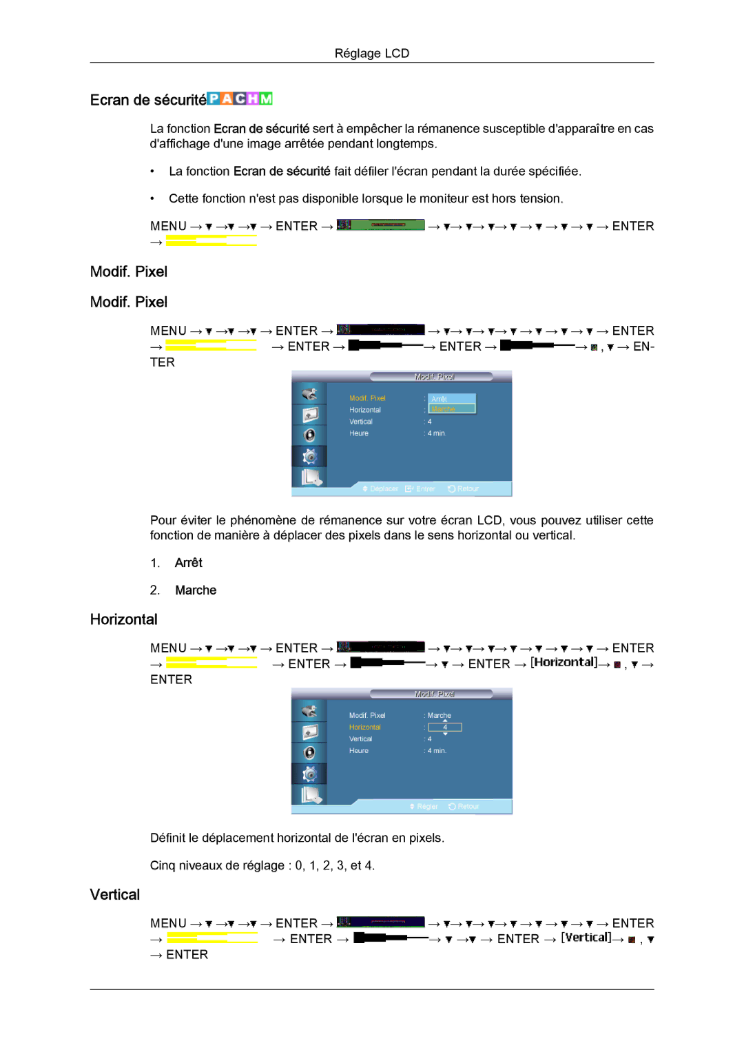 Samsung LH65MGQLBF/EN manual Ecran de sécurité, Modif. Pixel 