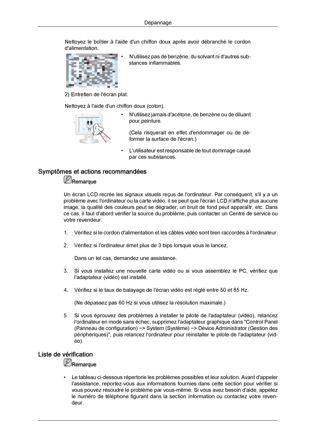 Samsung LH65MGQLBF/EN manual Symptômes et actions recommandées, Liste de vérification 