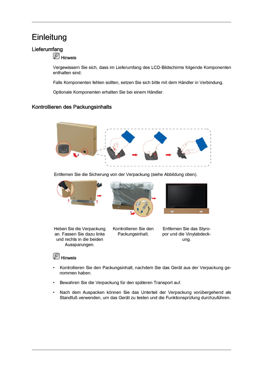 Samsung LH65MGQLBF/EN manual Lieferumfang, Kontrollieren des Packungsinhalts 