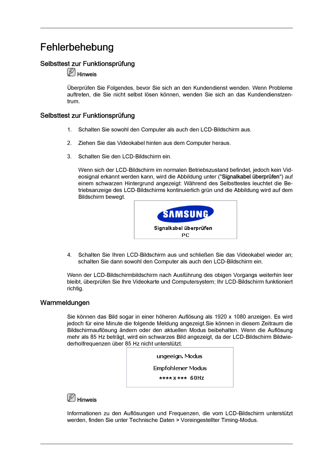 Samsung LH65MGQLBF/EN manual Selbsttest zur Funktionsprüfung, Warnmeldungen 