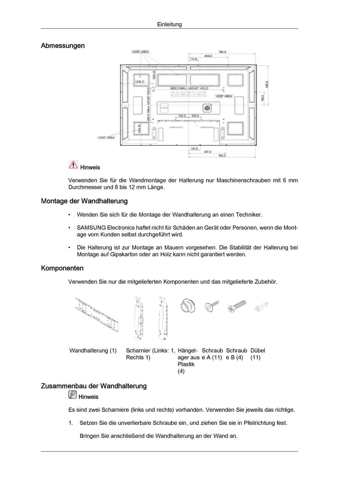 Samsung LH65MGQLBF/EN manual Abmessungen, Montage der Wandhalterung, Komponenten, Zusammenbau der Wandhalterung 