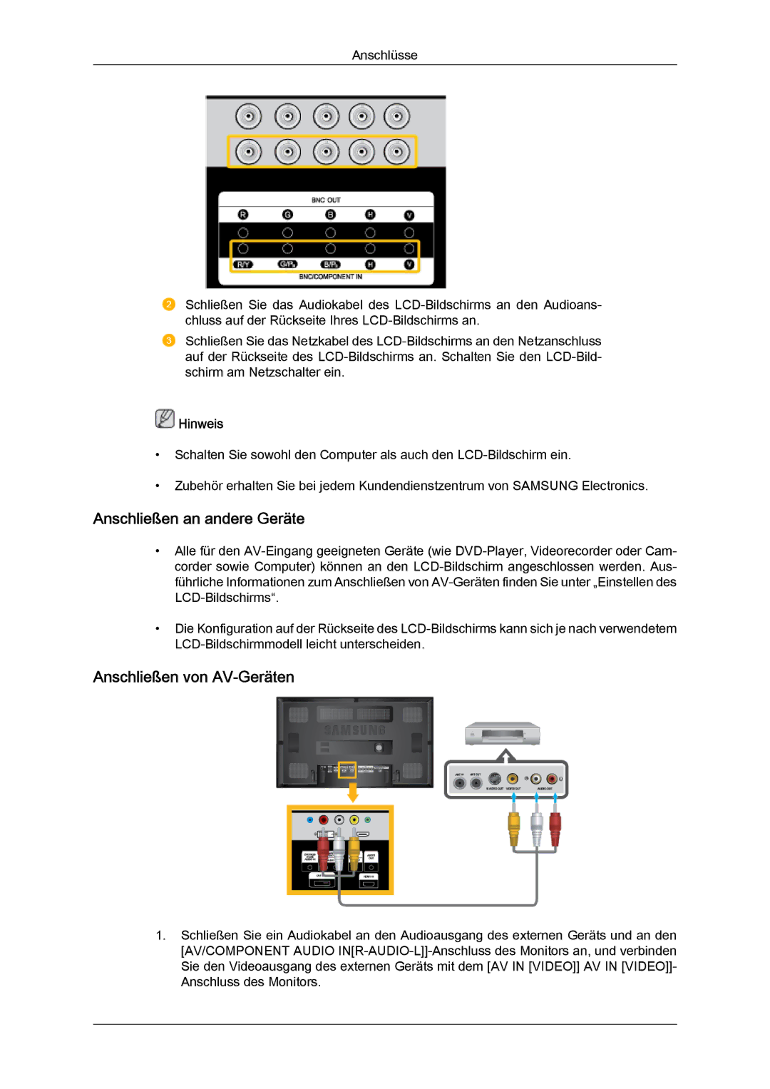 Samsung LH65MGQLBF/EN manual Anschließen an andere Geräte, Anschließen von AV-Geräten 