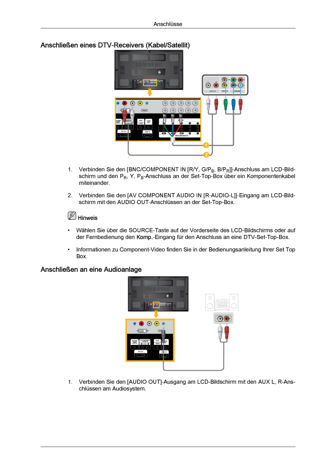 Samsung LH65MGQLBF/EN manual Anschließen eines DTV-Receivers Kabel/Satellit, Anschließen an eine Audioanlage 