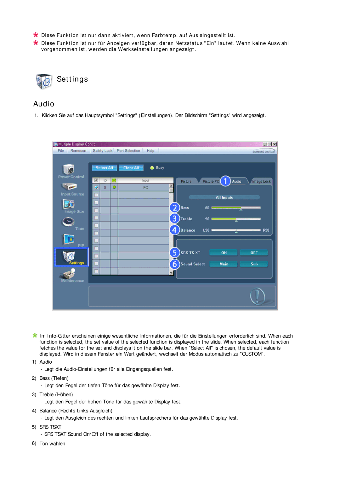 Samsung LH65MGQLBF/EN manual Settings Audio, SRS Tsxt 