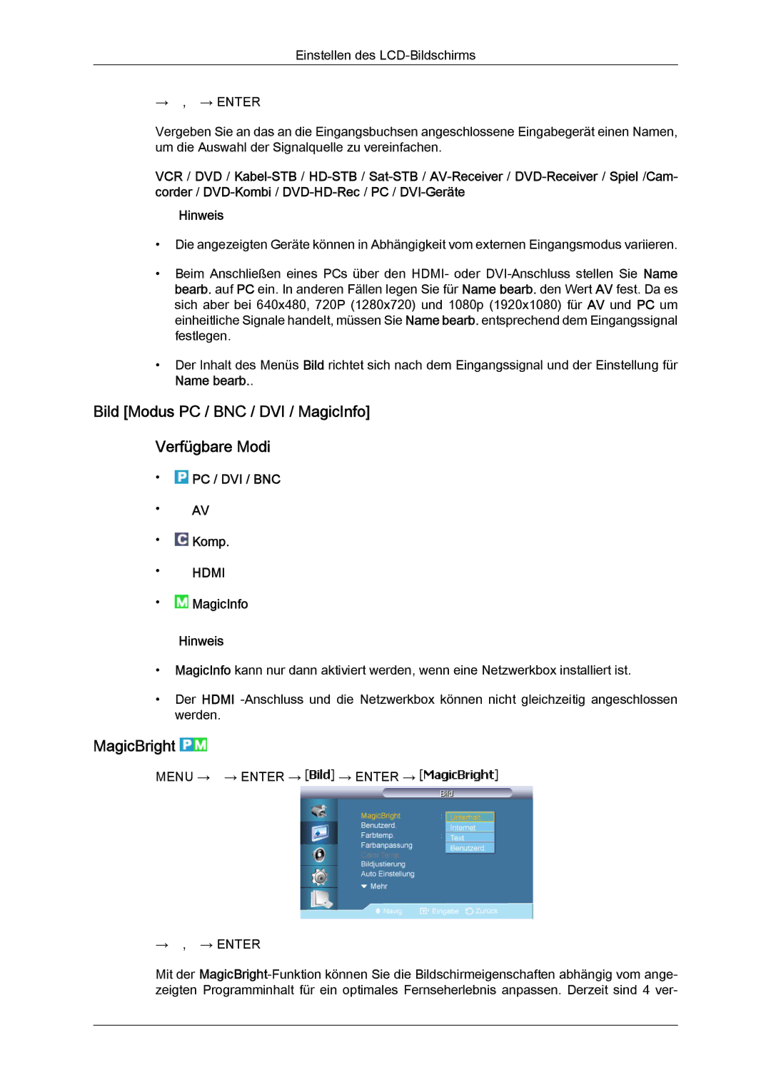 Samsung LH65MGQLBF/EN manual Bild Modus PC / BNC / DVI / MagicInfo Verfügbare Modi, MagicBright 