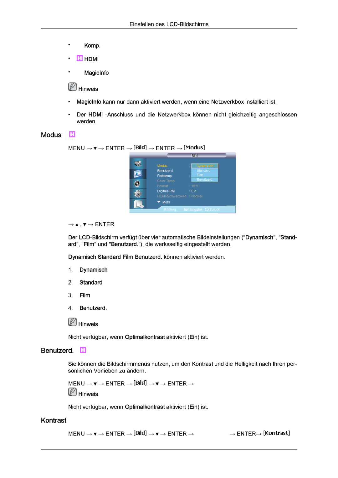 Samsung LH65MGQLBF/EN manual Modus, Kontrast 