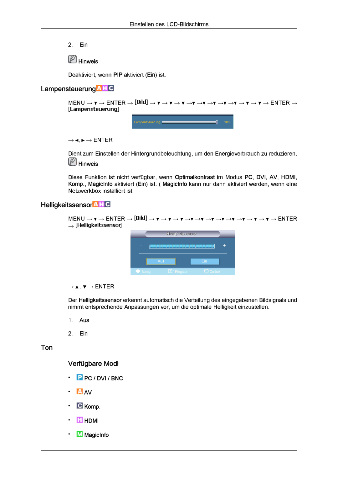 Samsung LH65MGQLBF/EN manual Ton Verfügbare Modi, Ein Hinweis, MagicInfo 