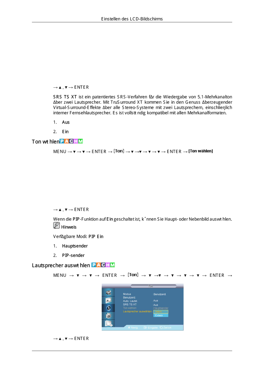 Samsung LH65MGQLBF/EN manual Ton wählen, Lautsprecher auswählen, Hauptsender PIP-sender 