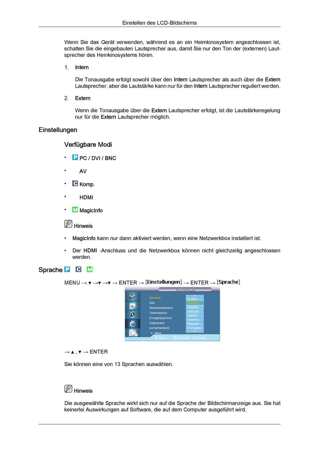 Samsung LH65MGQLBF/EN manual Einstellungen Verfügbare Modi, Sprache, Intern, Extern 