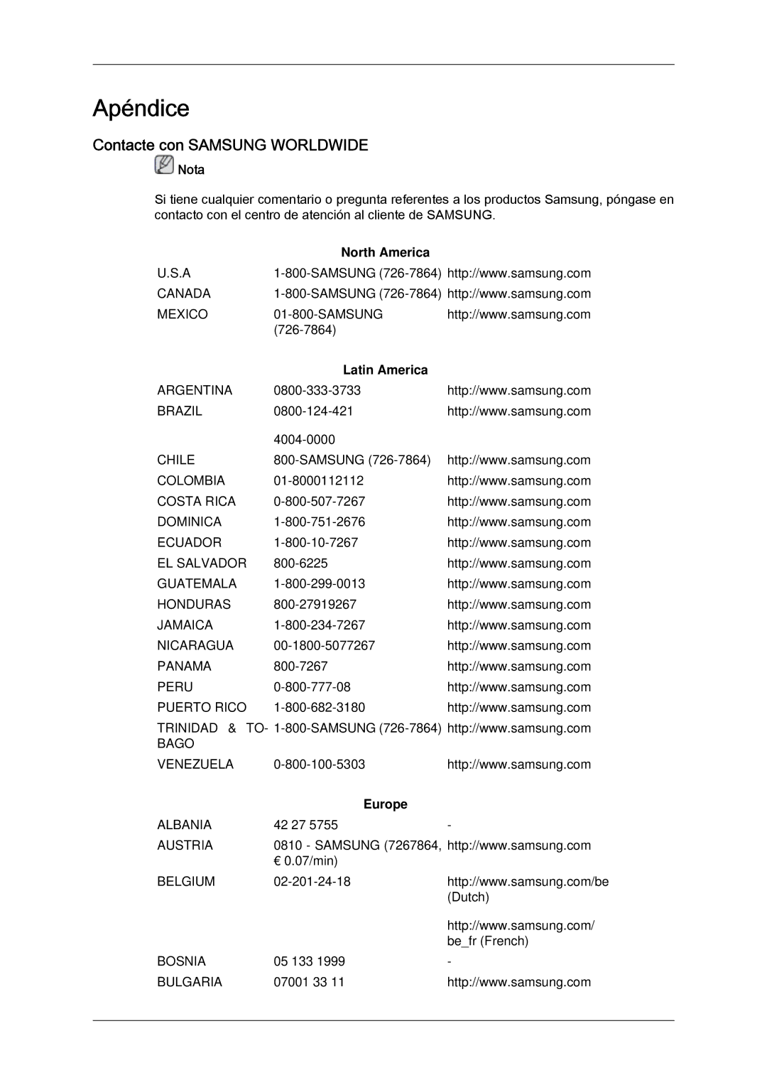 Samsung LH65MGQLBF/EN manual Contacte con Samsung Worldwide, North America, Latin America, Europe 