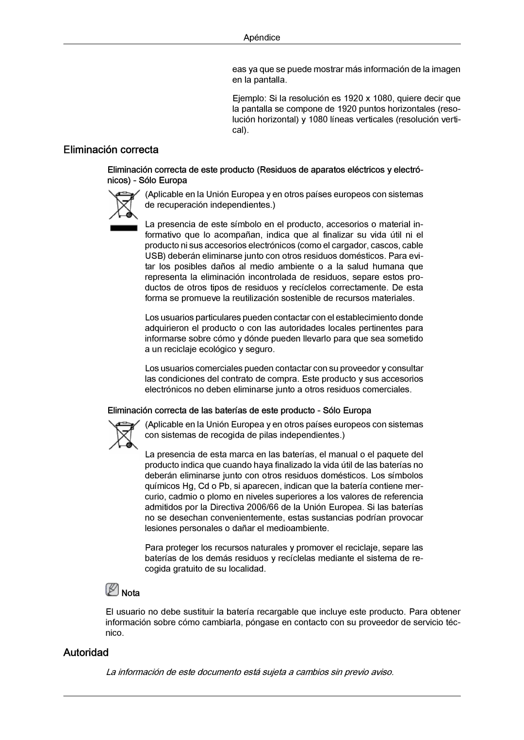 Samsung LH65MGQLBF/EN manual Eliminación correcta, Autoridad 