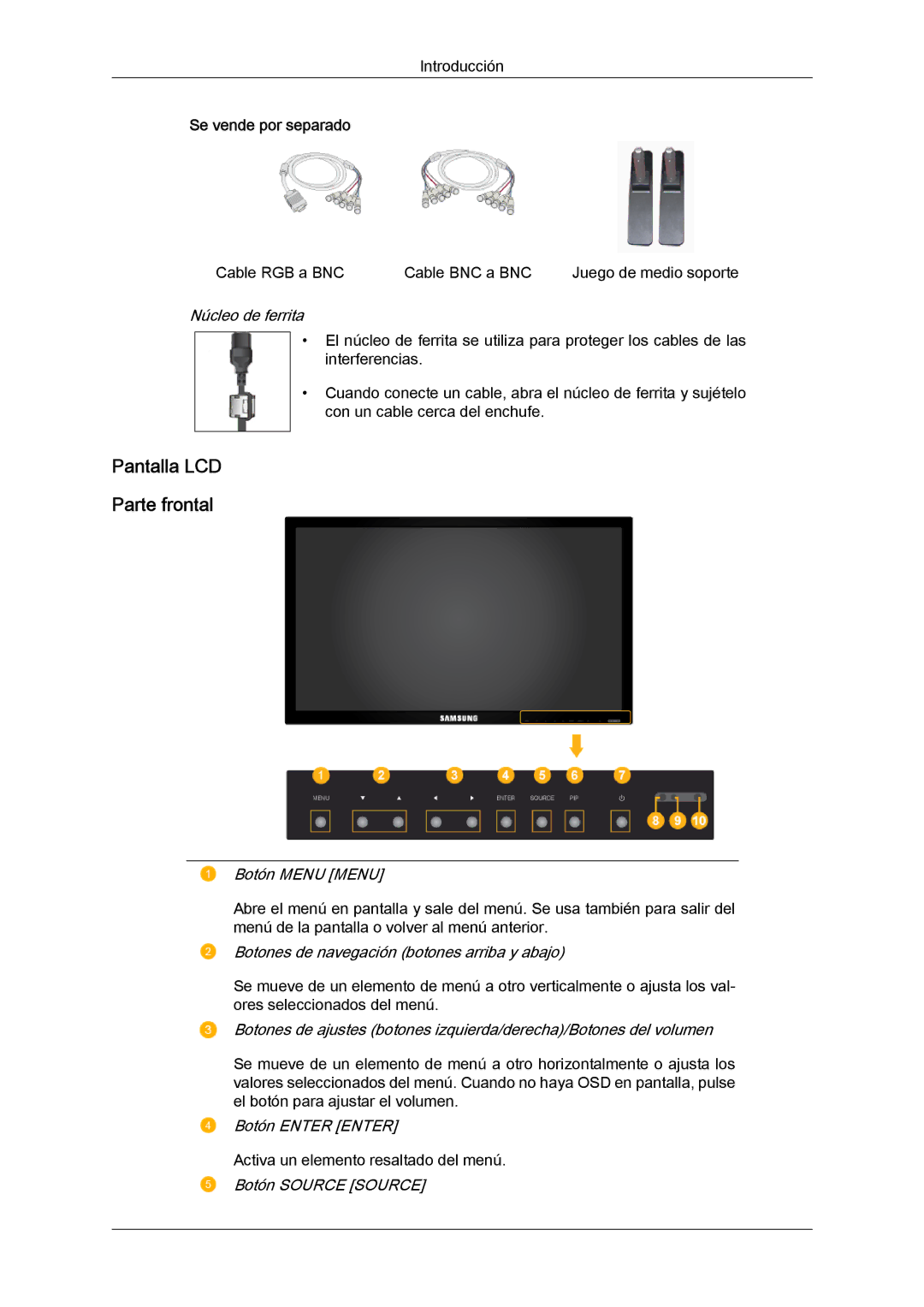 Samsung LH65MGQLBF/EN manual Pantalla LCD Parte frontal, Núcleo de ferrita 