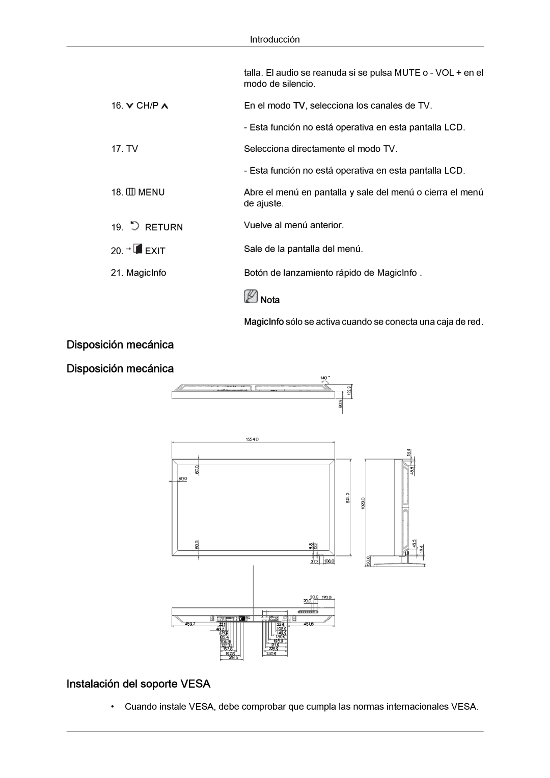 Samsung LH65MGQLBF/EN manual Instalación del soporte Vesa, Disposición mecánica Disposición mecánica 