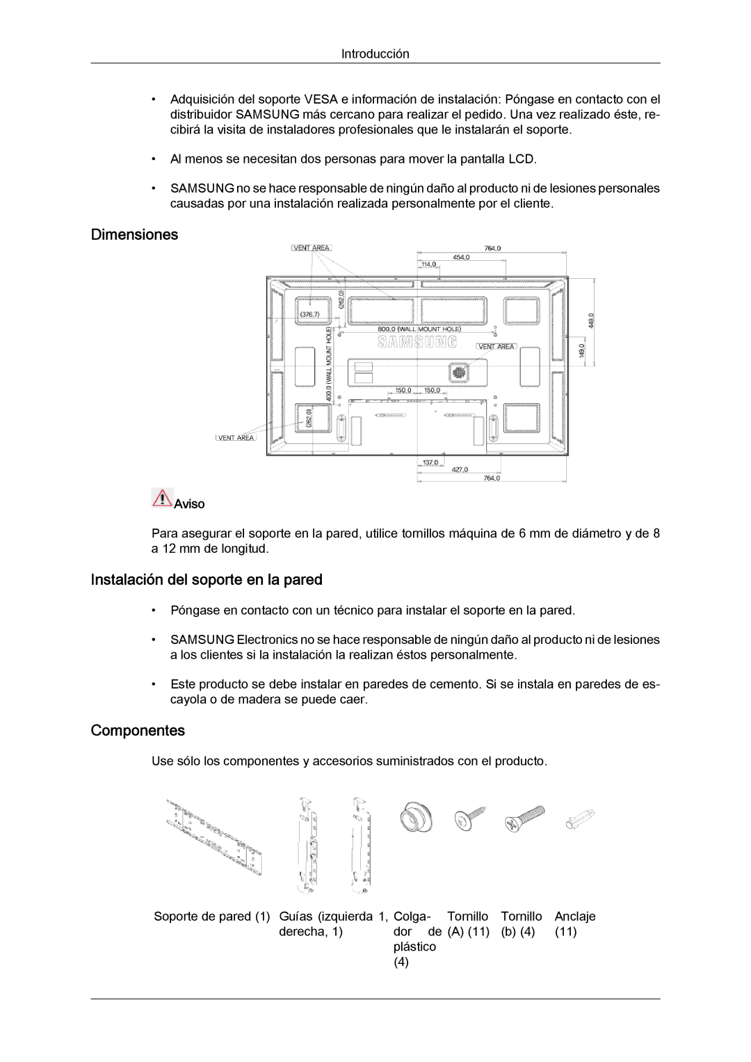 Samsung LH65MGQLBF/EN manual Dimensiones, Instalación del soporte en la pared, Componentes, Aviso 