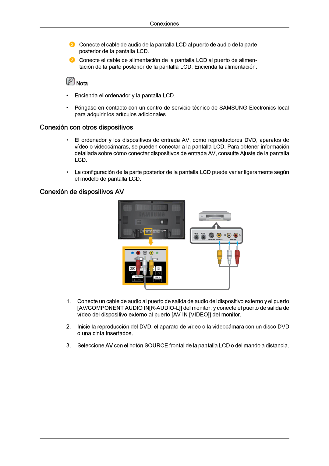 Samsung LH65MGQLBF/EN manual Conexión con otros dispositivos, Conexión de dispositivos AV 