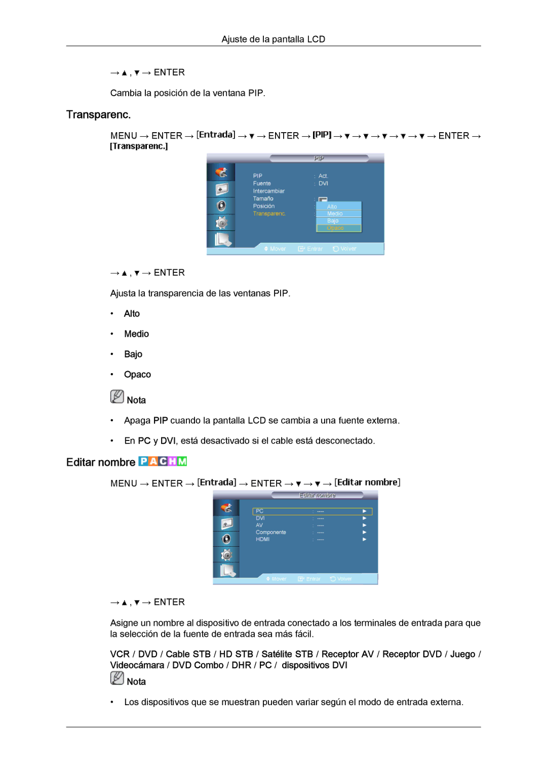 Samsung LH65MGQLBF/EN manual Transparenc, Editar nombre, Alto Medio Bajo Opaco Nota 