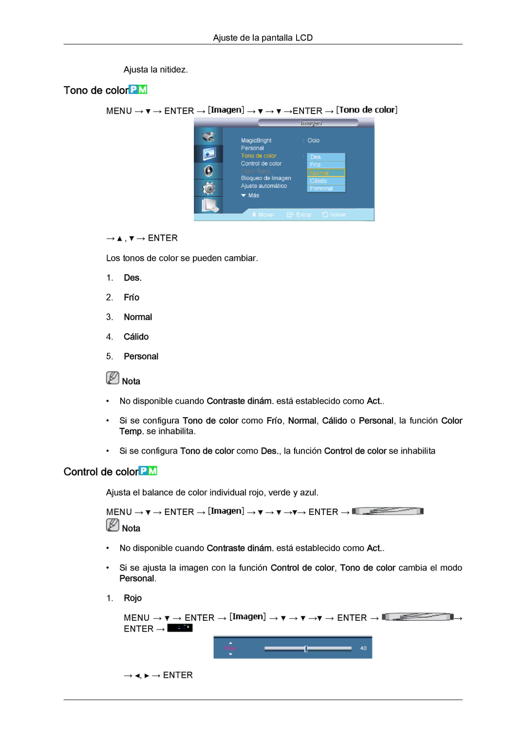 Samsung LH65MGQLBF/EN manual Tono de color, Control de color, Des Frío Normal Cálido Personal Nota, Rojo 