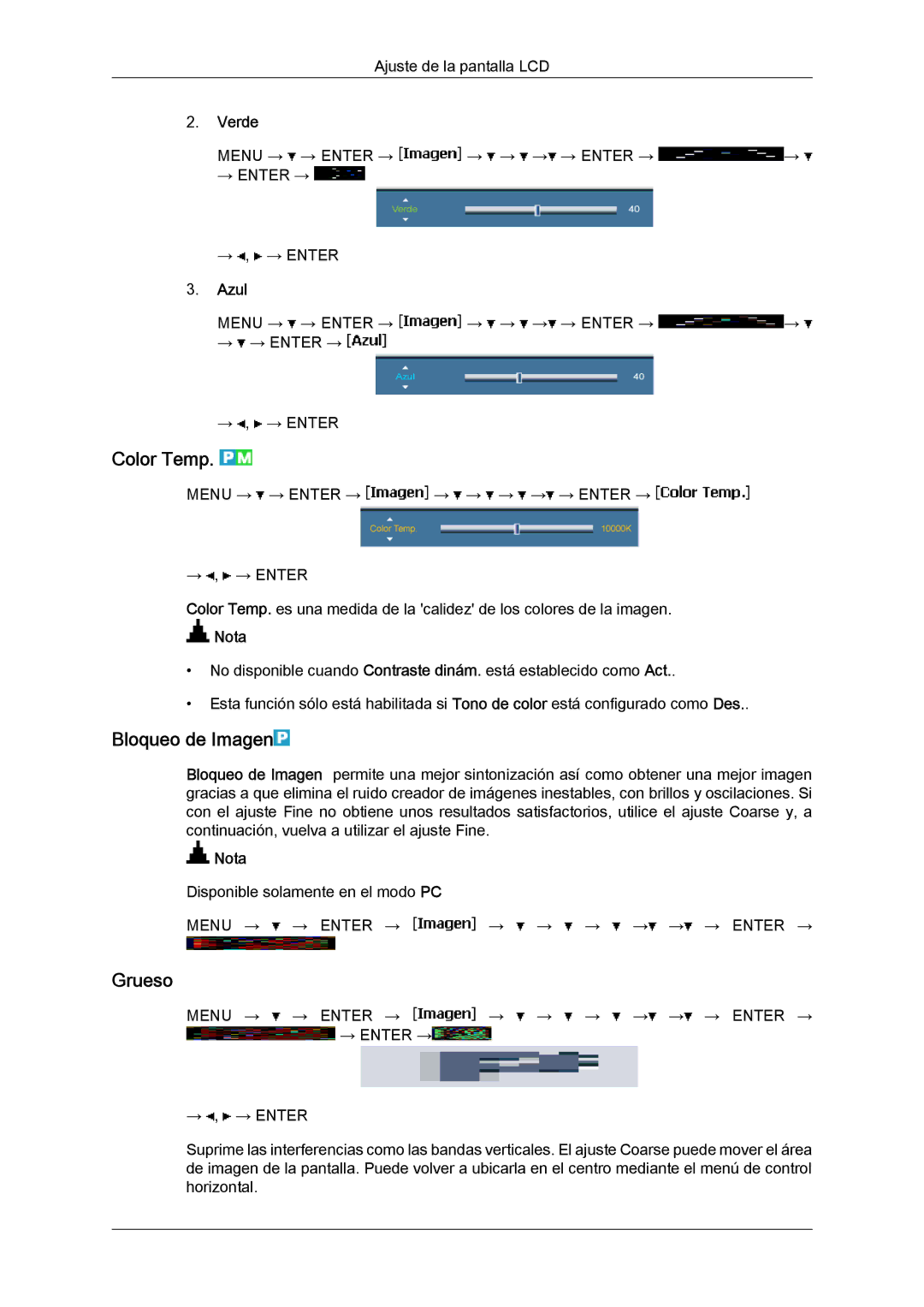 Samsung LH65MGQLBF/EN manual Color Temp, Bloqueo de Imagen, Grueso, Verde, Azul 