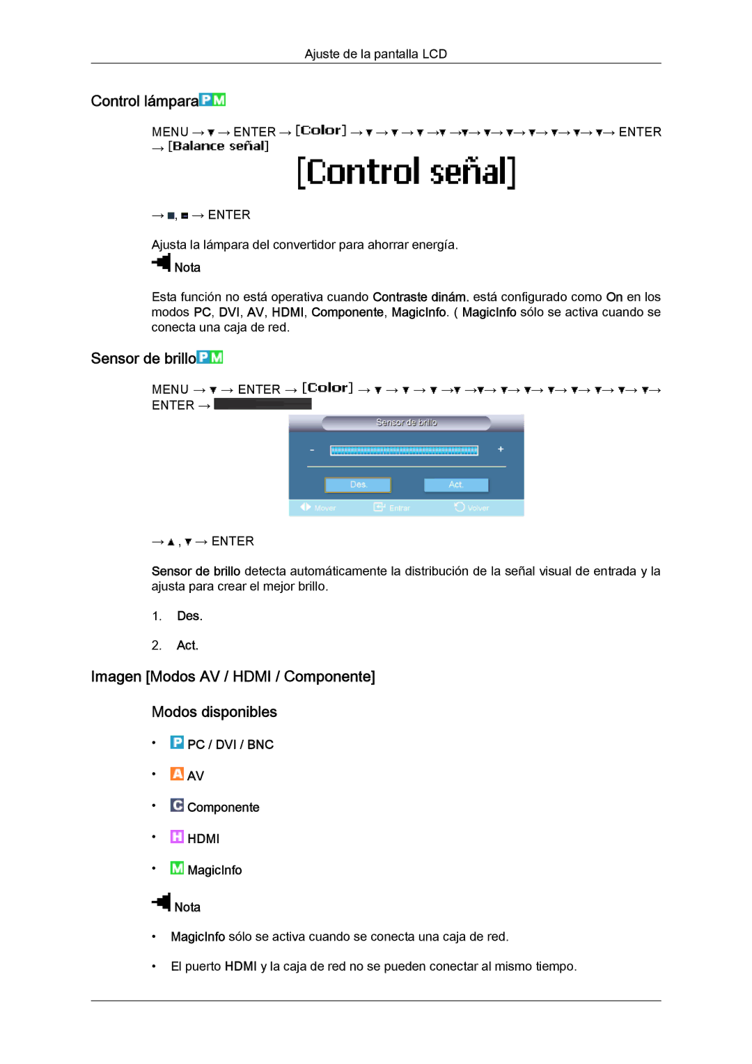 Samsung LH65MGQLBF/EN manual Control lámpara, Sensor de brillo, Imagen Modos AV / Hdmi / Componente Modos disponibles 