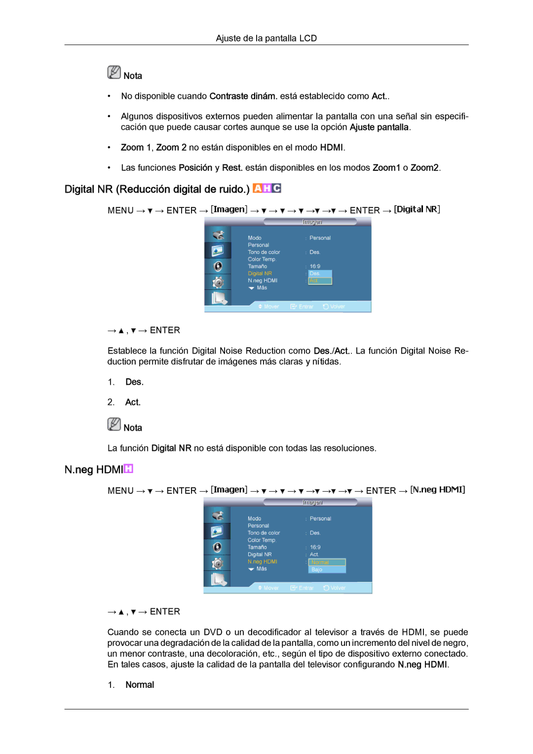 Samsung LH65MGQLBF/EN manual Digital NR Reducción digital de ruido, Des Act Nota 