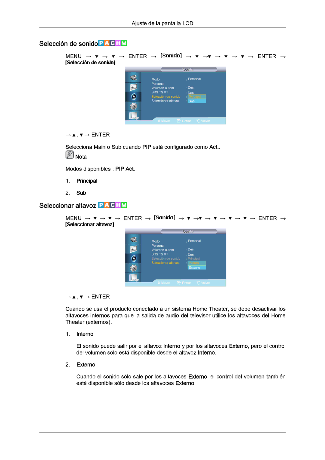Samsung LH65MGQLBF/EN manual Selección de sonido, Seleccionar altavoz, Principal Sub, Interno, Externo 