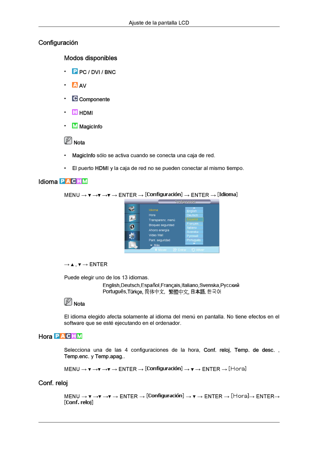 Samsung LH65MGQLBF/EN manual Configuración Modos disponibles, Idioma, Hora, Conf. reloj 