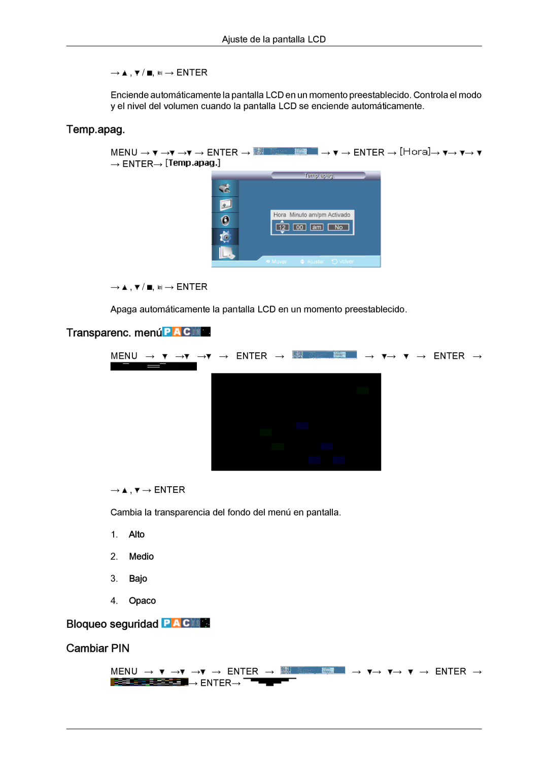 Samsung LH65MGQLBF/EN manual Temp.apag, Transparenc. menú, Bloqueo seguridad Cambiar PIN, Alto Medio Bajo Opaco 