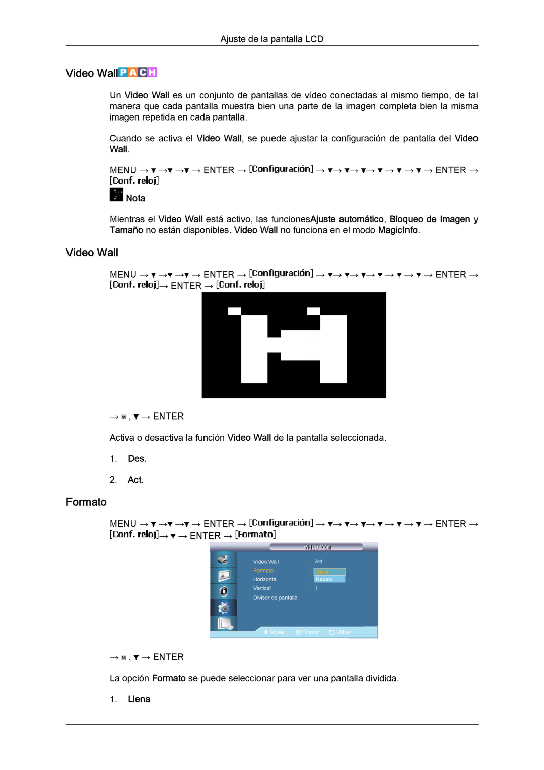 Samsung LH65MGQLBF/EN manual Video Wall, Formato, Llena 