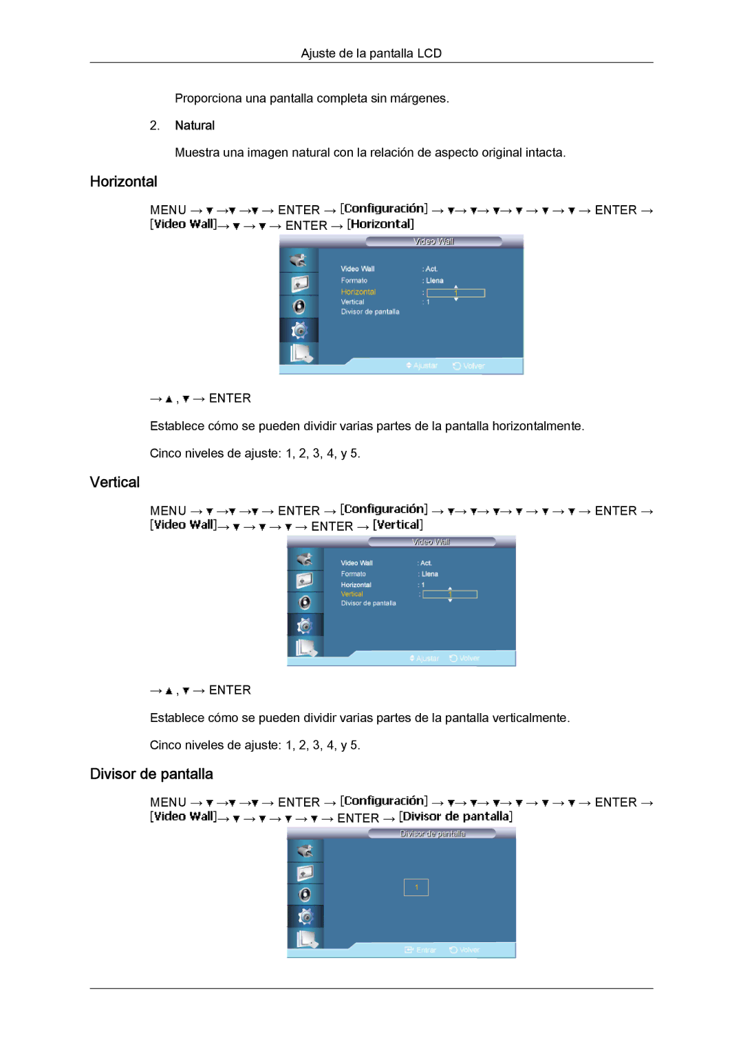 Samsung LH65MGQLBF/EN manual Horizontal, Vertical, Divisor de pantalla, Natural 