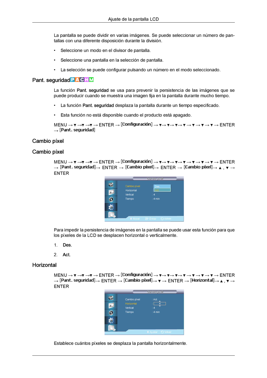 Samsung LH65MGQLBF/EN manual Pant. seguridad, Cambio píxel 