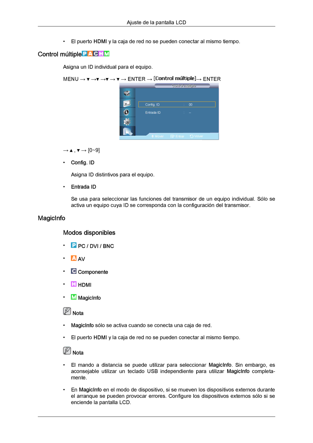 Samsung LH65MGQLBF/EN manual Control múltiple, MagicInfo Modos disponibles, Config. ID, Entrada ID 