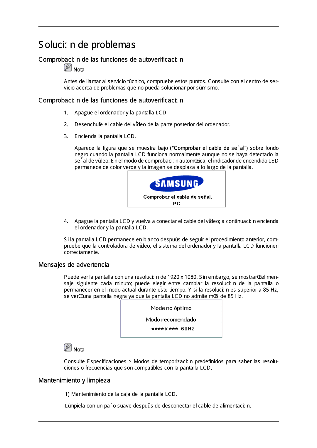 Samsung LH65MGQLBF/EN Comprobación de las funciones de autoverificación, Mensajes de advertencia, Mantenimiento y limpieza 