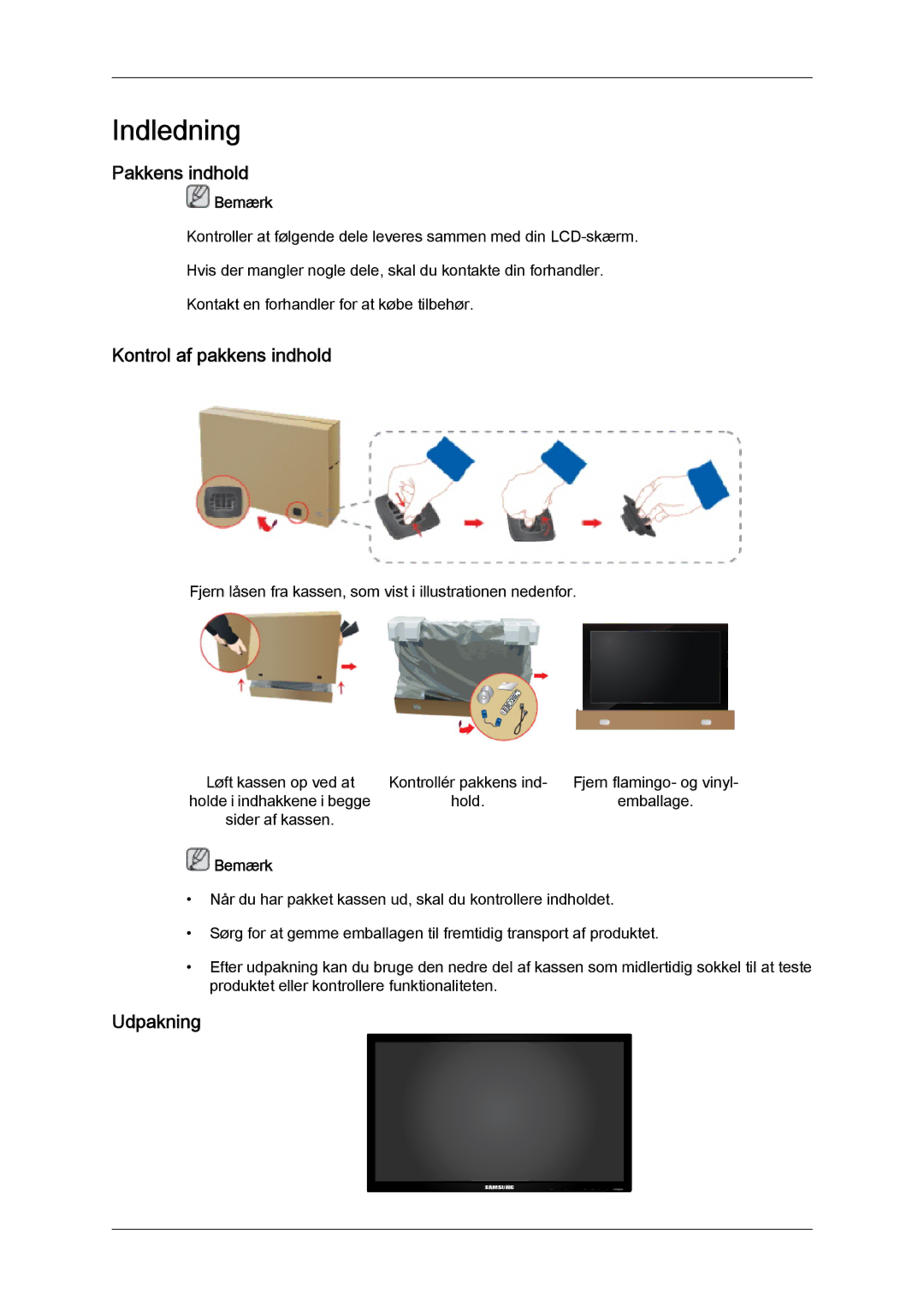Samsung LH65MGQLBF/EN manual Pakkens indhold, Kontrol af pakkens indhold, Udpakning 